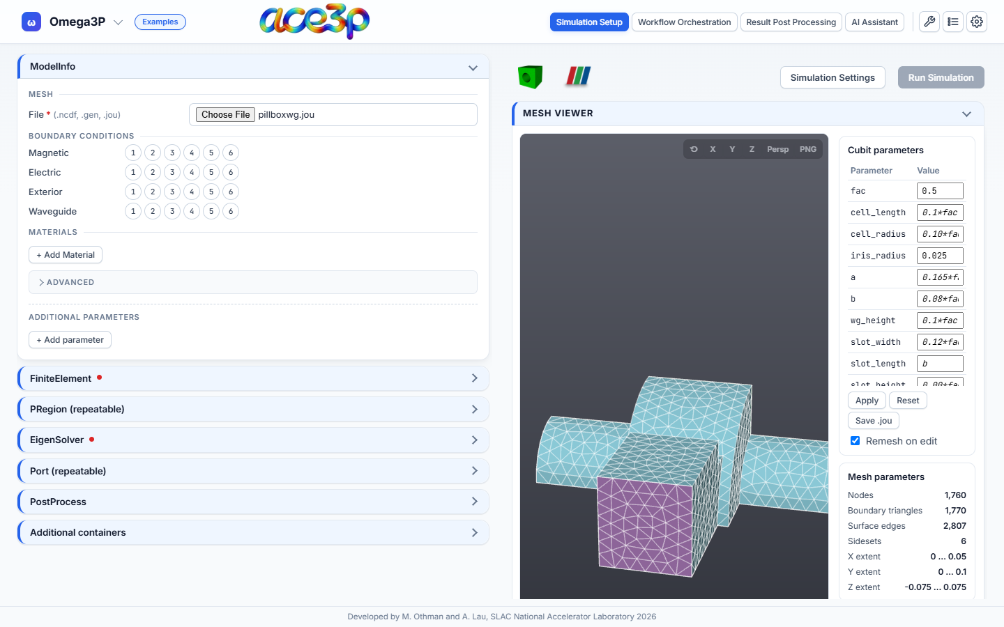 The Simulation Setup view with a Cubit journal loaded