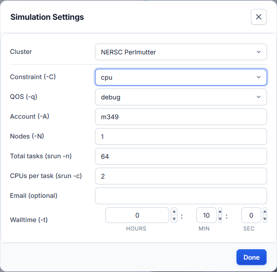 Simulation Settings for NERSC